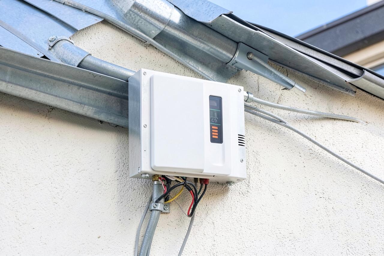 Inversor com cabeamento protegido em tubulação até o telhado